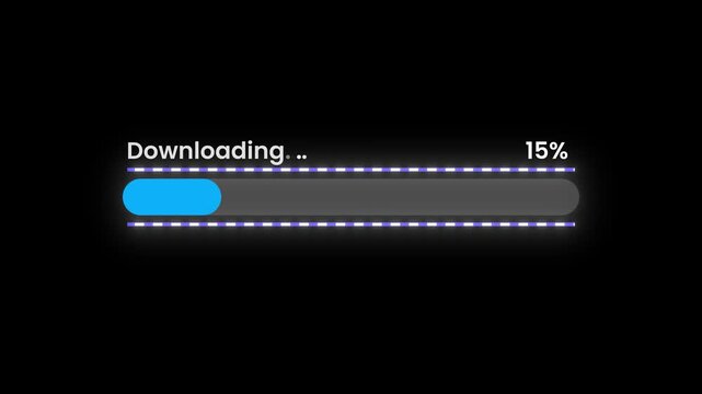 Progress bar, loading bar, retro game loading screen animation with alpha channel, downloading bar and percentage Futuristic progress loading bar 0 to 100 percent on black background, 4k