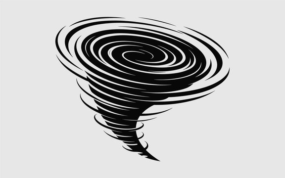 Black and white vector illustration of a powerful swirling tornado representing natural disasters and storm weather.