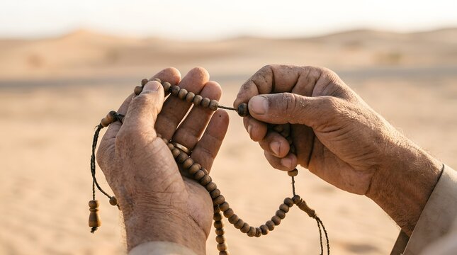 Close-up of pilgrim's weathered hands using prayer beads during Chehlum Arbaeen.