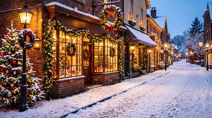 Fototapeta premium Festive Christmas decorated storefronts along a snow covered cobblestone street in a quiet town
