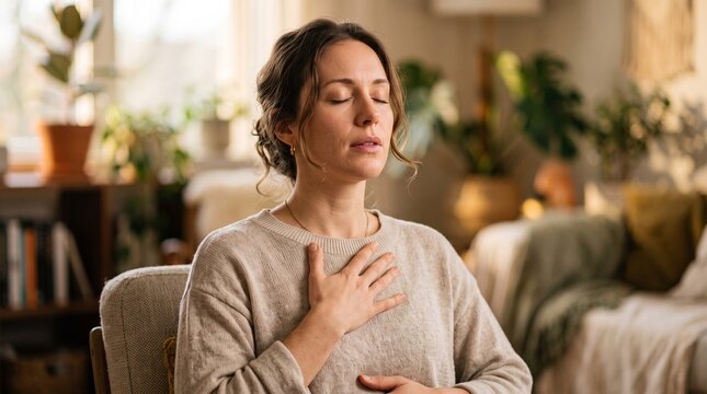 Serene Respite: A woman sits with eyes closed, hand on her chest, deeply inhaling. Sunlight streams into a cozy, plant-filled room, highlighting a moment of peaceful meditation and self-care.