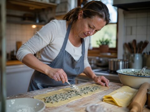 Maultaschen zubereiten &ndash; Eine Frau verteilt eine herzhafte Spinatf&uuml;llung auf ausgerolltem Nudelteig und bereitet traditionelle schw&auml;bische Maultaschen in der K&uuml;che zu.