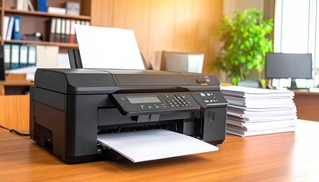 Black Multifunction Laser Printer Printing Blank Paper Sheets Placed on Wooden Office Table in Modern Work Environment Background for Document Printing, Office Equipment, and Corporate Workflow Concep