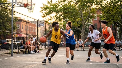 Urban Hoops Showdown: Young athletes engage in a dynamic game of basketball on an outdoor court, showcasing their skills and competitive spirit amidst a vibrant cityscape.