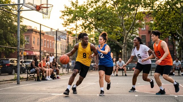 Urban Hoops Showdown: Young athletes engage in a dynamic game of basketball on an outdoor court, showcasing their skills and competitive spirit amidst a vibrant cityscape.