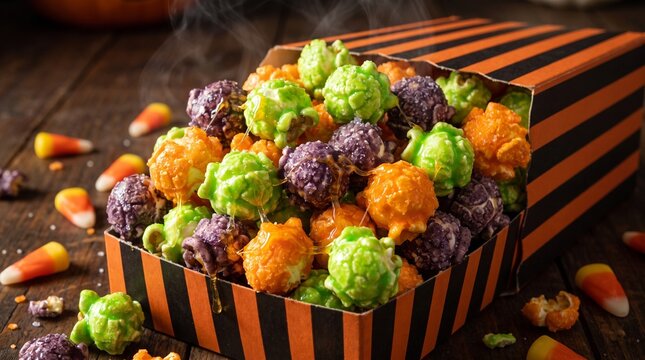 Vibrant Halloween Kettle Corn Mix with Neon Slime Glaze and Orange Cheddar Popcorn