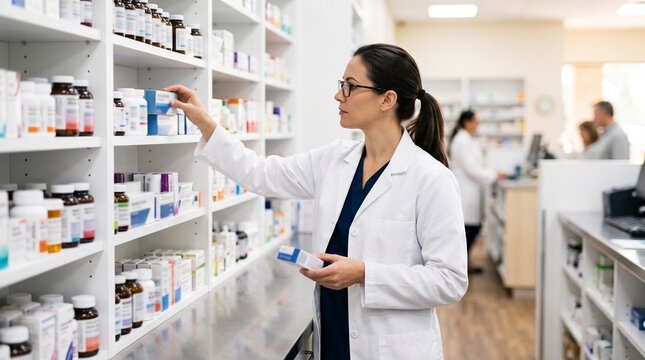 Pharmacist Assisting Customer: A knowledgeable female pharmacist in a white coat carefully selects medication from a shelf, assisting a customer in a well-stocked pharmacy.