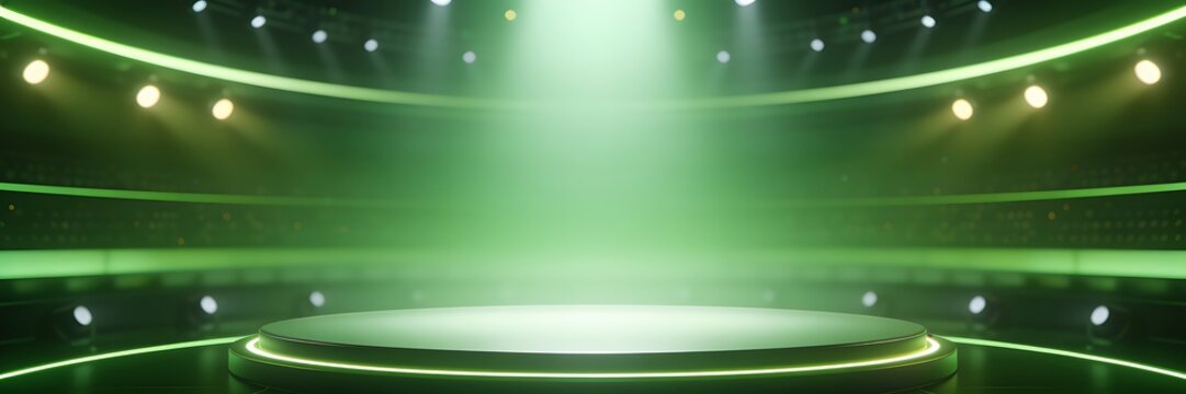 TV quiz show studio, game show stage lights, dim neon lights, soft spotlights, empty stage, green background.