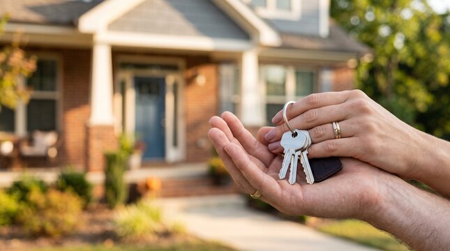 Homeownership Handover: A close-up shot captures the moment a new homeowner receives keys to their house, symbolizing the beginning of a new chapter and the realization of a dream.