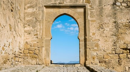 Fototapeta premium Historic Moorish Stone Horseshoe Archway Framing Bright Blue Sky And Mountains