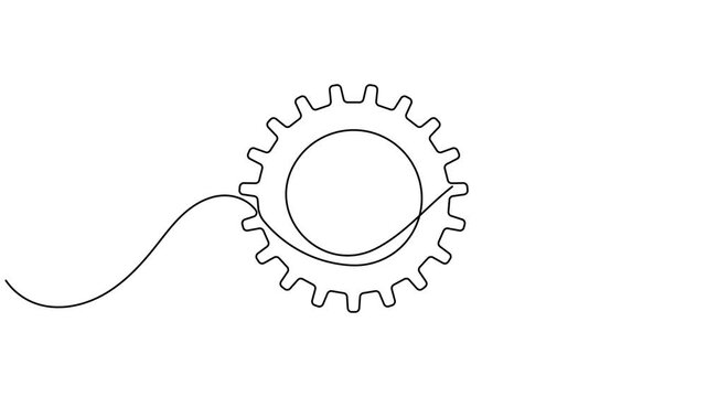 Optimization cog gear wheel icon sign continuous one line drawing moving on white background minimalist single art analytics financial workflow and engineering development symbol animation video