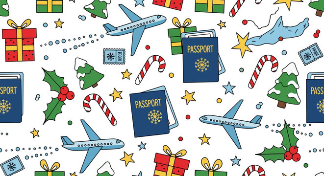 Christmas travel pattern with airplanes, passports, gifts, and candy canes