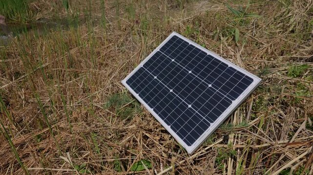 A single monocrystalline solar panel sits tilted on dry grass in a marshy rural field. Concept of solar power reliability, dependable renewable energy, and stable off-grid energy security.
