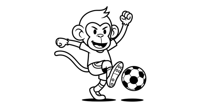 Playful monkey cartoon character kicking a soccer ball with enthusiasm.