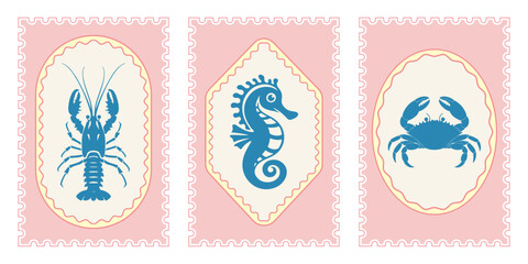 Cute pink postage stamp vector set with blue lobster seahorse crab marine animal ocean life sticker illustration. © DesignNest