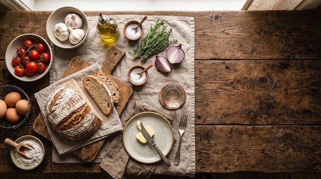 Rustic Breakfast Spread: A beautifully arranged spread of fresh, artisanal ingredients, including crusty bread, farm-fresh eggs, ripe tomatoes, garlic, and herbs.