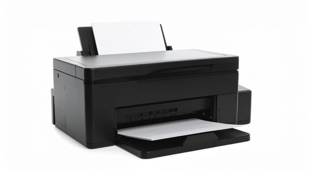 Black Desktop Office Printer with Blank Paper Isolated on White Background