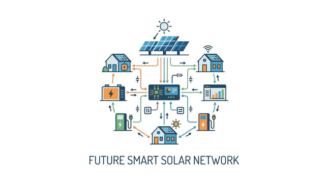 Smart Solar Network Illustration: Renewable Energy Grid, Homes, Charging Stations