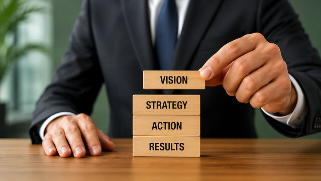 Businessman placing vision block above strategy action and results representing corporate planning leadership goal setting decision making execution and successful organizational performance