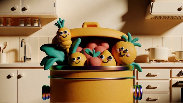 Cute claymation vegetables in a cooking pot. Funny food characters in a kitchen setting.