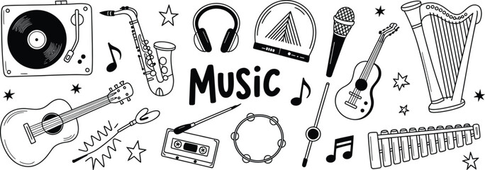 Music instruments doodle set featuring guitar piano drum trumpet violin microphone and musical accessories vector illustration © Rashed