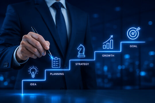 Businessman drawing illuminated staircase from idea and planning through strategy and growth toward goal with business icons in a corporate environment at night