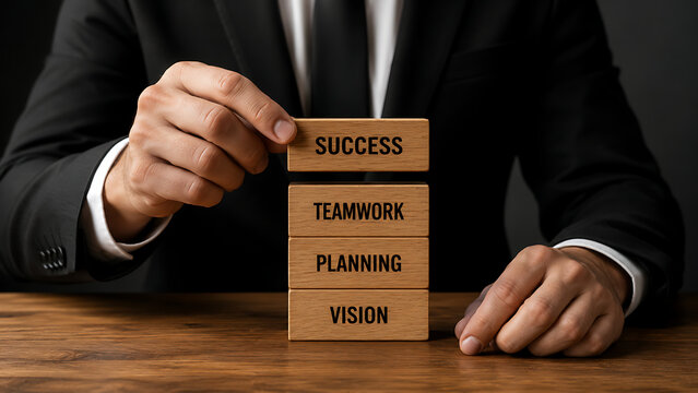 Business success foundation built with vision planning teamwork and success blocks illustrates strategic leadership collaboration goal achievement organizational development 