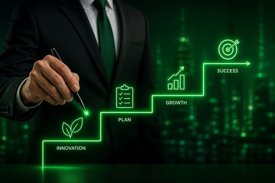 Businessman drawing green growth steps from innovation and planning toward success with glowing icons against a modern city background for strategic business development