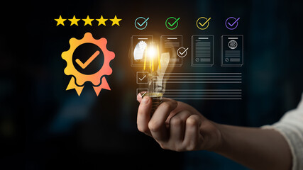 Conceptual image of quality assurance in business, showcasing review ratings, performance evaluations, and graphic elements symbolizing success and verification. Cyphers © InfiniteFlow
