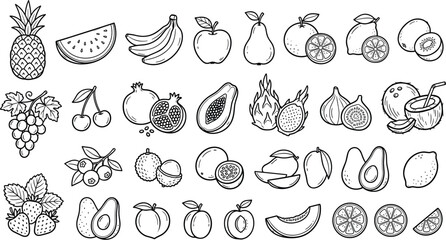 Obraz premium Minimalist Hand Drawn Fresh Fruits Fine Line Art Icon Collection Vector Set Featuring a Massive Grid Layout of Twenty Six Black Outline Varieties for E-commerce Menus and Coloring Books