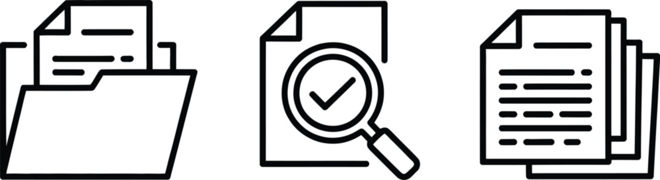 Document and file management icon set featuring folders, search, paperwork stacks, information organization, and workflow symbols for business interfaces.