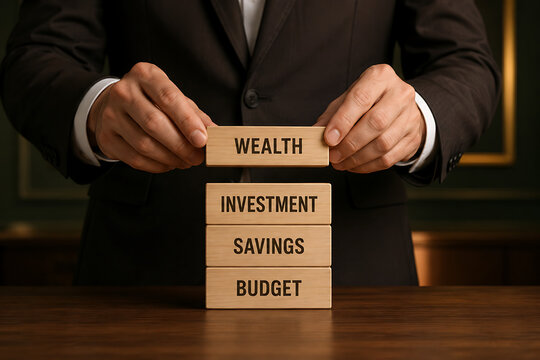 Financial wealth strategy shown with budget savings investment and wealth blocks represents personal finance planning money management growth security and long term prosperity