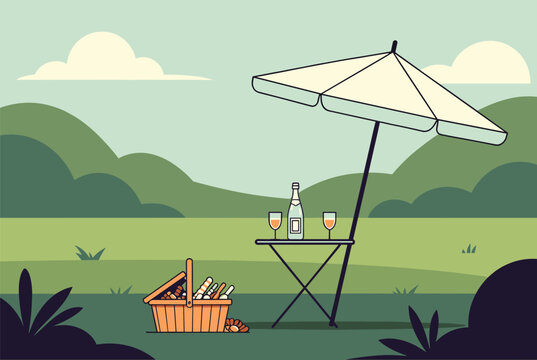 Relaxing outdoor picnic scene featuring a table with wine bottle, glasses, a picnic basket, and umbrella in the hills.