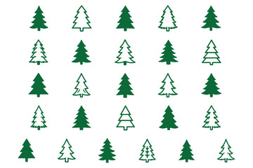Fototapeta premium Minimalist black pine tree silhouette vector icon set featuring geometric winter forest fir shapes and clean linear spruce stencils isolated on a solid white background