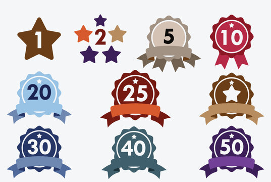 Colorful set of milestone achievement badges with ribbons and numbers from one to fifty on a white background.