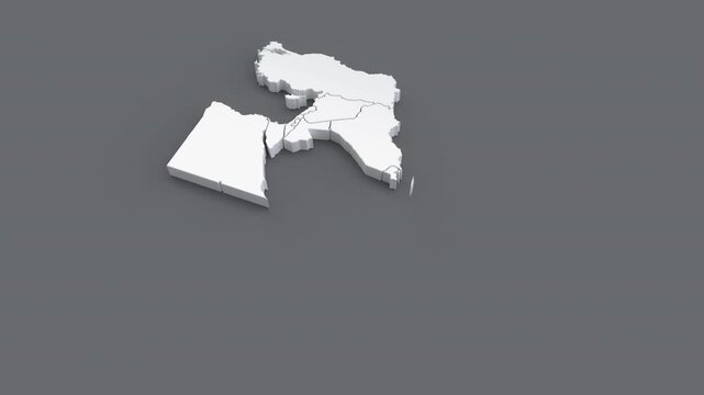 3D animated map of the Middle East, white map on grey background with smooth camera movement.