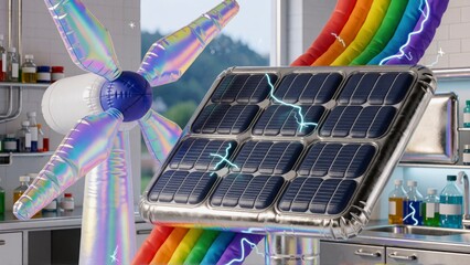 Obraz premium Renewable energy concept with solar panel and wind turbine. Green power innovation.