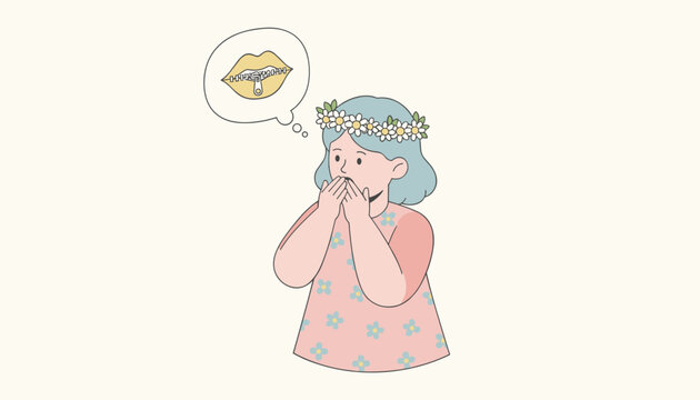 Young girl with blue hair and a daisy flower crown covering her mouth while thinking of a zipped lips icon in a bubble.