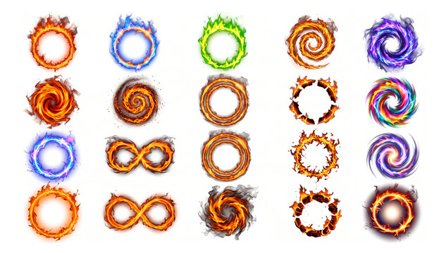 Sixteen various fire rings and magic portal circular frames in different colors on transparent alpha channel background.