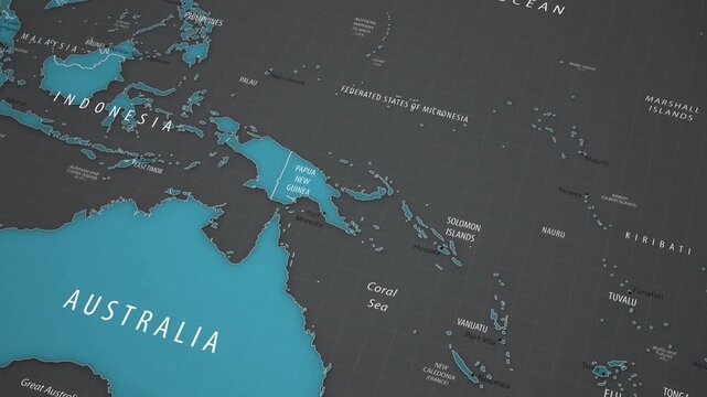 Papua New Guinea on the political map of Oceania with smooth zoom
