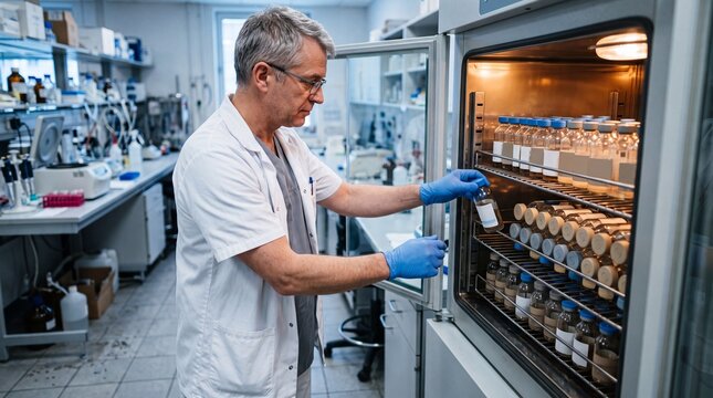 Laborant r&auml;umt Blutkulturflasche in Inkubator ein Halbtotale
