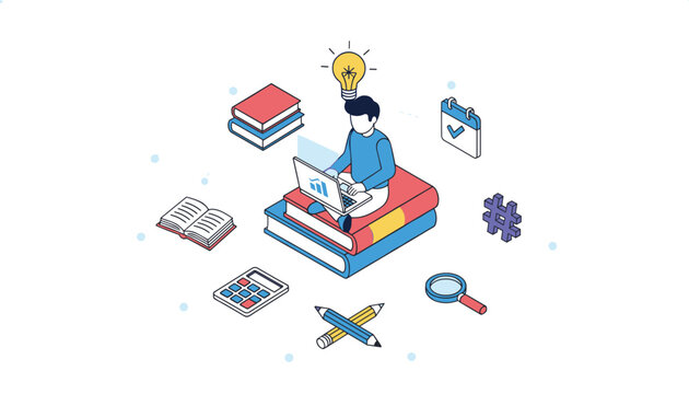 Creative male student sitting on a stack of books while using a laptop with an idea lightbulb glowing above his head.