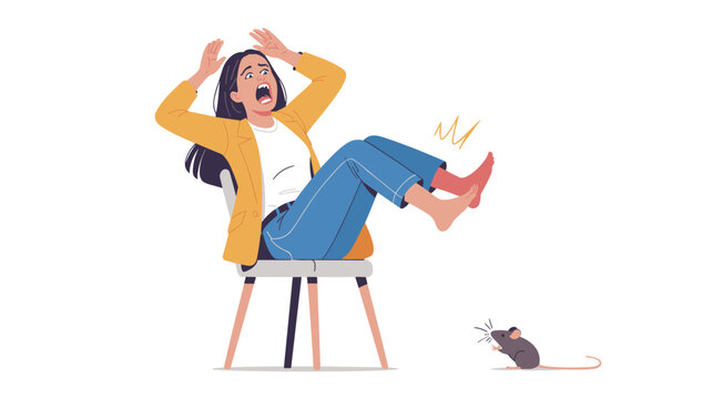 Terrified woman sits on a chair and screams with fear as she spots a small mouse crawling on the floor of her room.