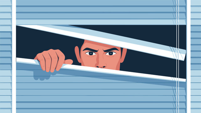 Man peeking through window blinds with suspicious and watchful eyes, spying on neighbors or looking outside in fear.