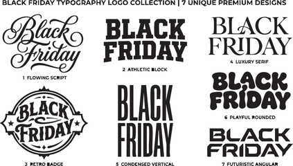 Obraz premium Black friday typography set with seven unique in black and white script font athletic block font
