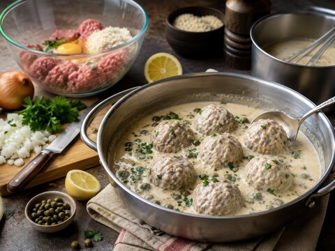 K&ouml;nigsberger Klopse garen in cremiger Kapernsauce, daneben liegen Hackfleisch, Ei, Semmelbr&ouml;sel, Zwiebel und Zitrone. Authentische Zubereitung eines deutschen Klassikers.