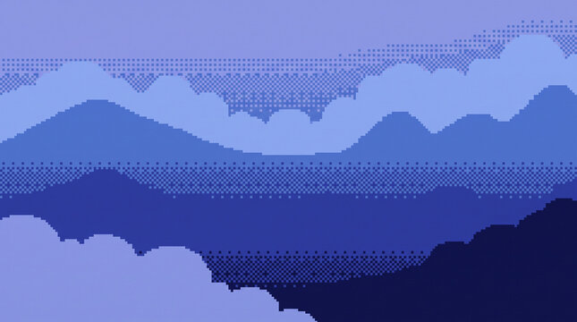Retro pixel art landscape with layered blue gradient bands forming stylized mountains and clouds with dithered halftone patterns in a nostalgic 8-bit aesthetic