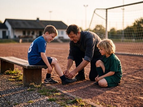 Trainer bindet Fu&szlig;ballschuh eines Jungen im Detail am Ascheplatz