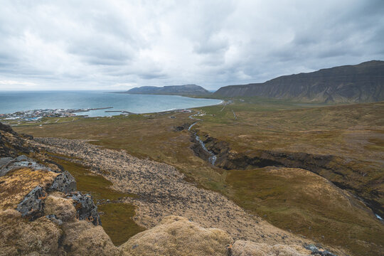 Elevated viewpoint above Grundarfjordur in West Iceland reveals the calm bay