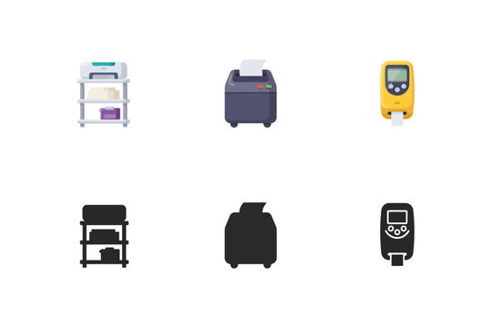 Office equipment collection featuring a printer on a storage shelf, a paper shredder, and a handheld digital label maker for business tasks